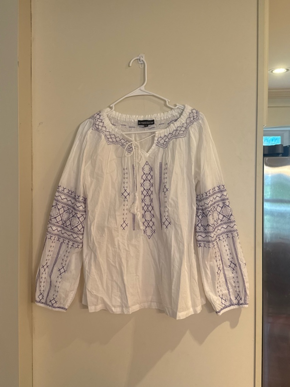 The Pyramid Collection White Peasant Blouse with Purple Embroidery